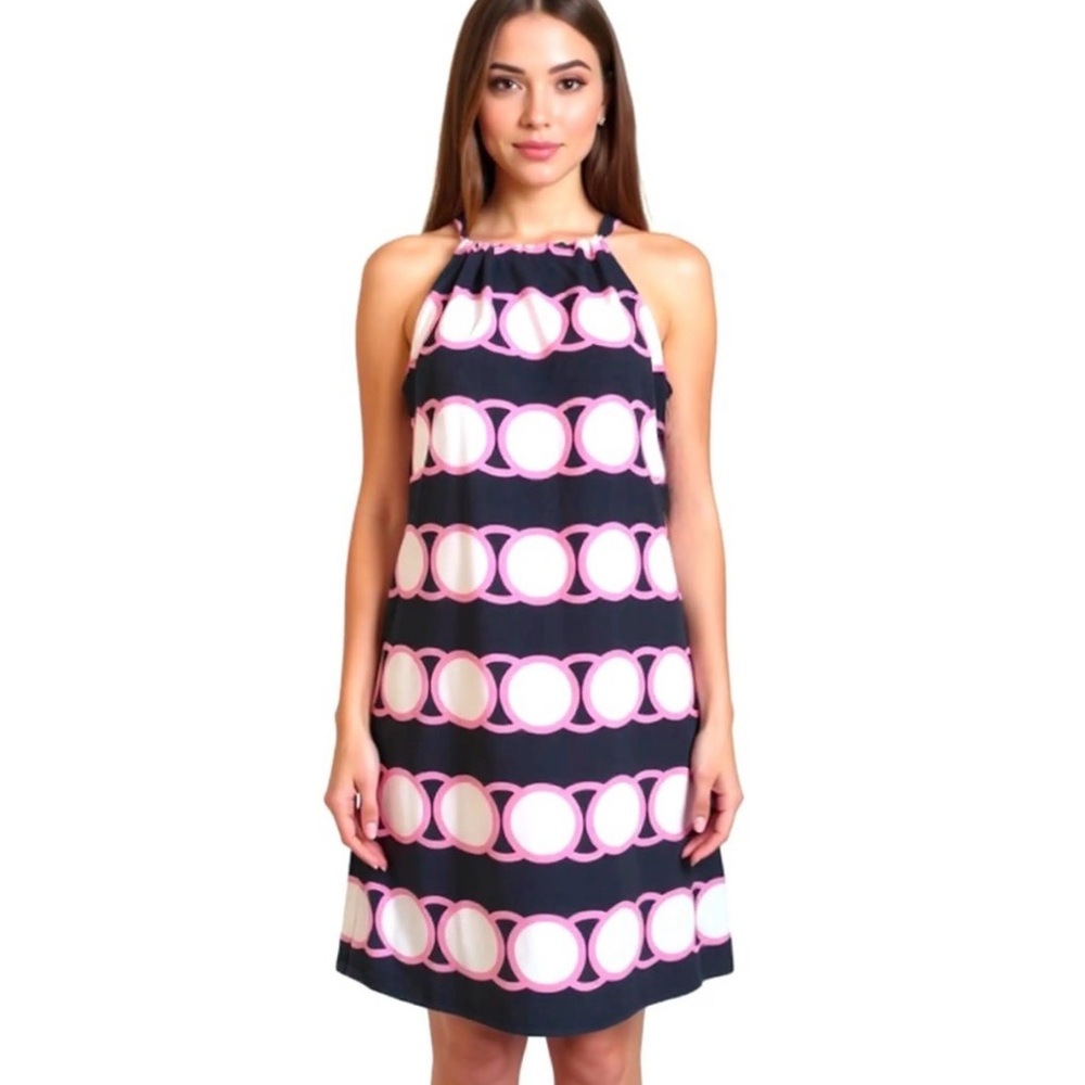 Crown & Ivy high halter neck dress circles petite size Med black/pink/white